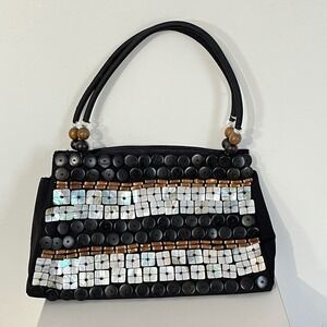 Cebu Beaded‎ Shoulder Bag Women Medium Black Shell Wood Inlay Boho Artisan